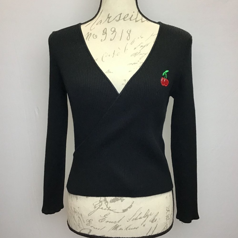 Faux Wrap, Ribbed Sweater W/ Cherry Embroidery